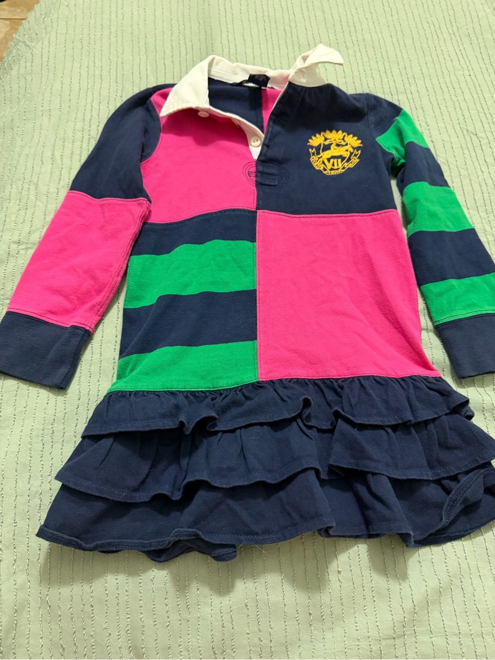 Ralph Lauren Girls Colorblock Stripes Cotton Rugby Dress - Navy, Pink & Green